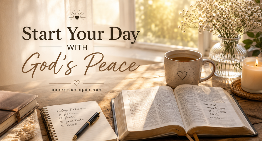 Christian morning routine with Bible, journal, and coffee, symbolizing God's peace during anxious mornings.