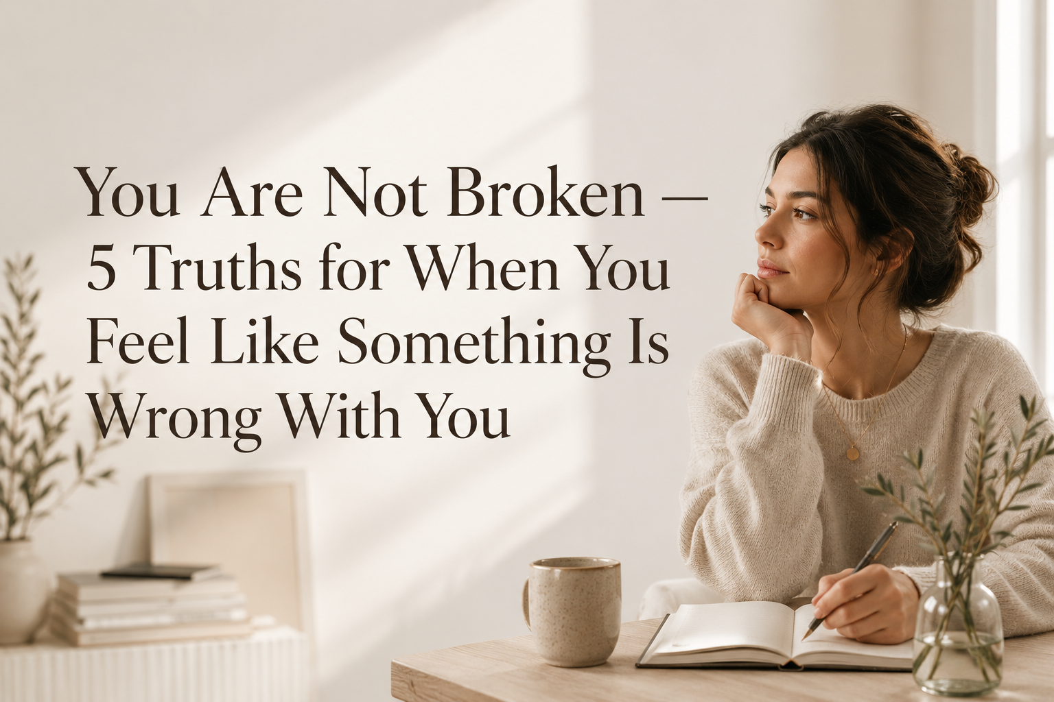 Woman journaling in a calm, sunlit room with the blog title "You Are Not Broken — 5 Truths for When You Feel Like Something Is Wrong With You."