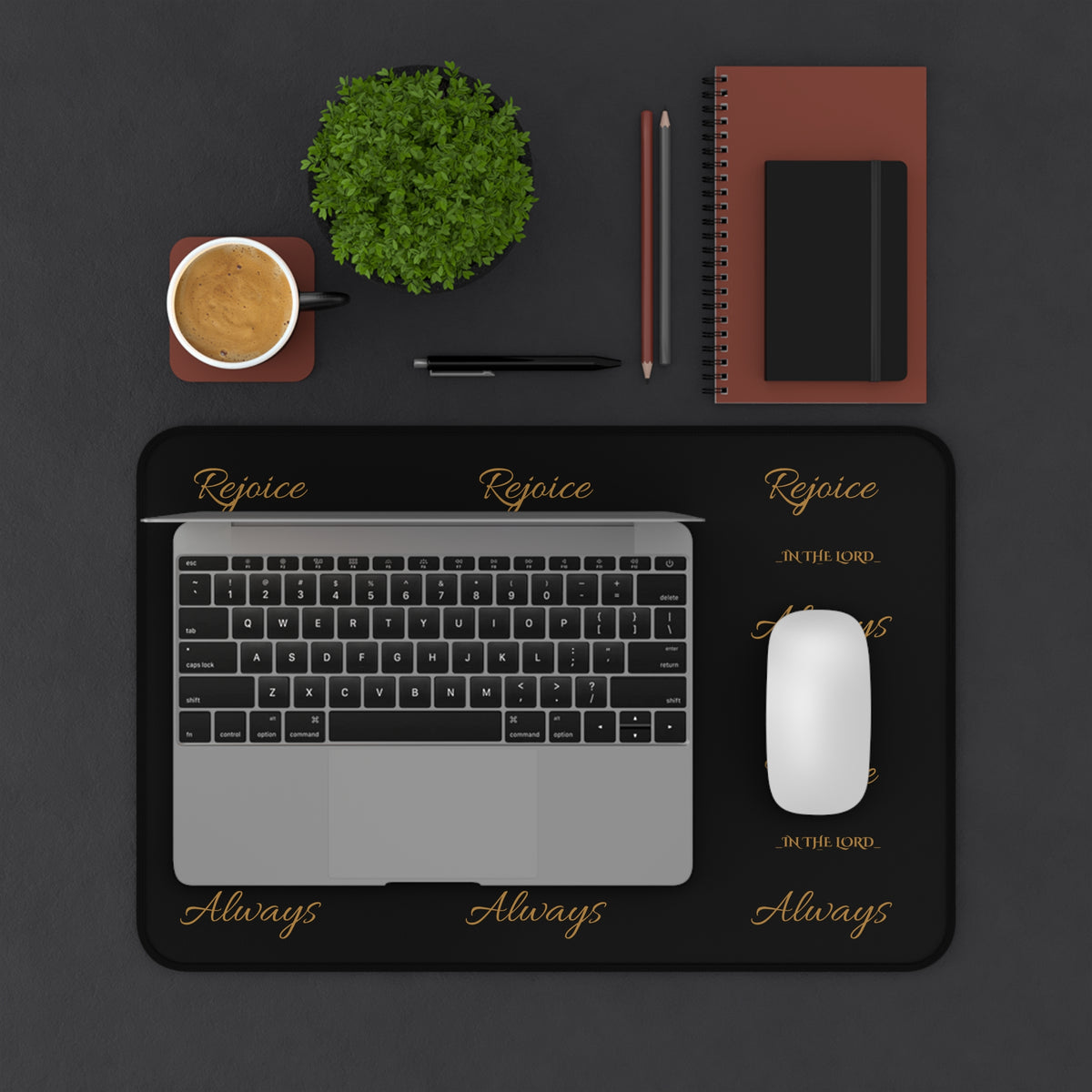Inspirational Gold Script Mouse Pad =Rejoice in the Lord Always