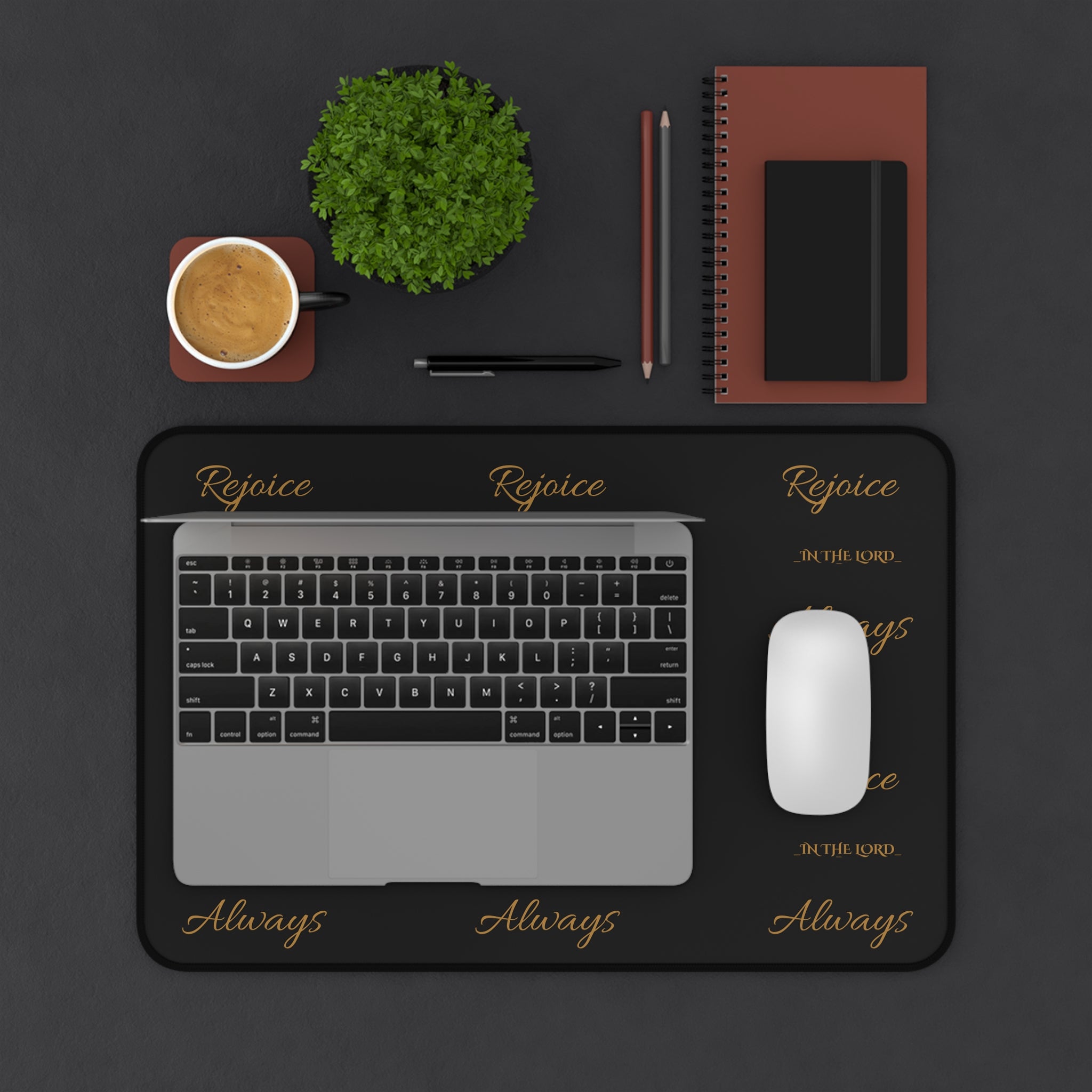 Rejoice Always Black Desk Mat — Inspirational Gold Script Mouse Pad