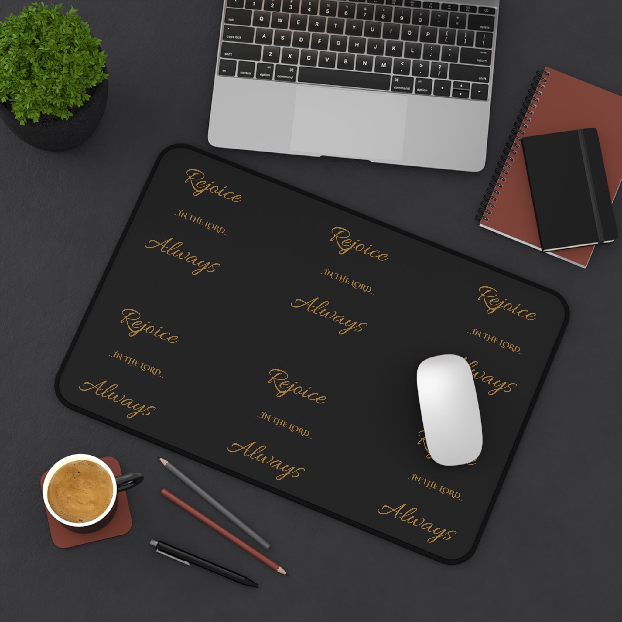 Rejoice Always Black Desk Mat — Inspirational Gold Script Mouse Pad