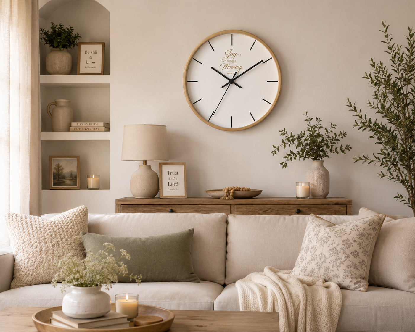 Wall Clock — "Joy Comes in the Morning" Minimalist Inspirational Clock
