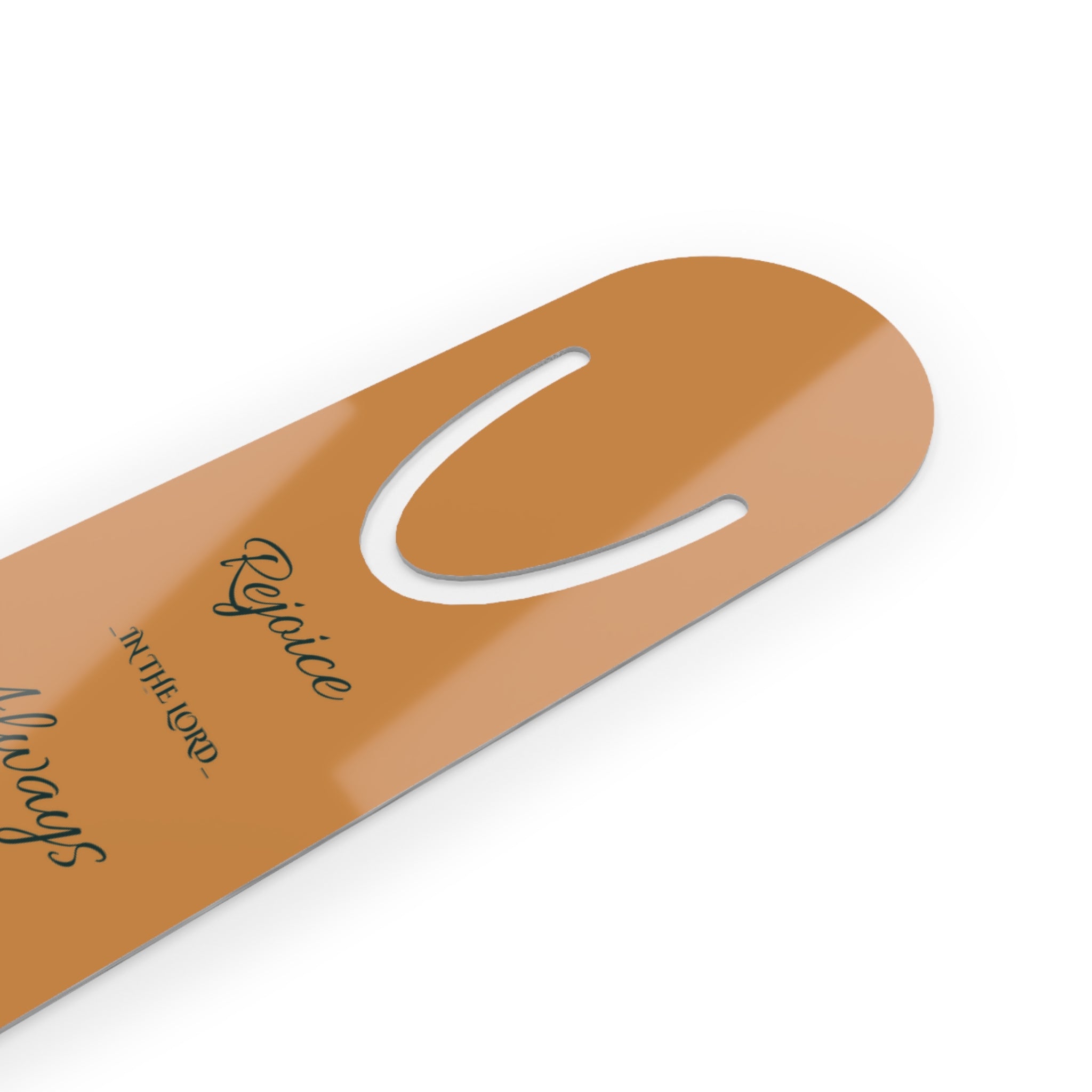 Christian Bookmark — "Rejoice in the Lord Always" Gold Script Metal Bookmark