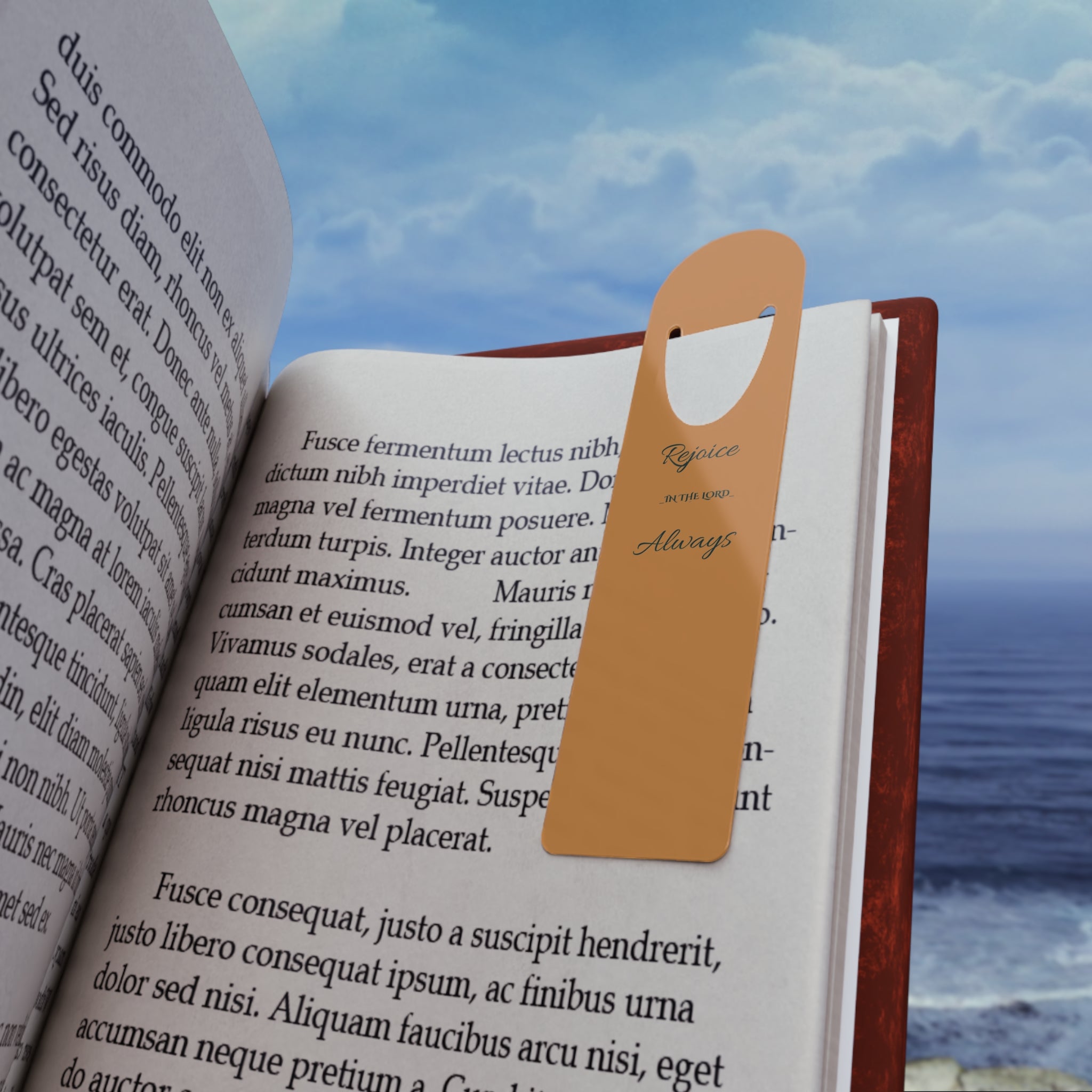 Christian Bookmark — "Rejoice in the Lord Always" Gold Script Metal Bookmark